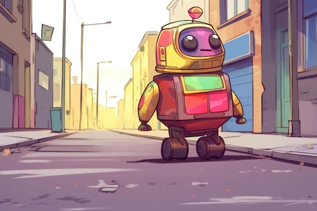 Foto ilustración de dibujos animados de robots divertidos en la calle para niños y adultos