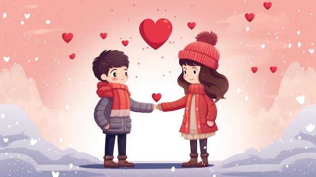 Ilustración de dibujos animados románticos de una pareja comprometida con ropa de invierno