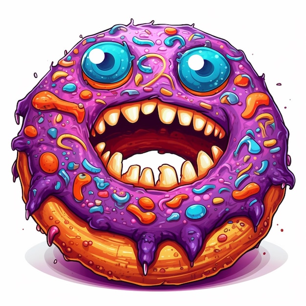 Ilustración de dibujos animados de una rosquilla púrpura con salpicaduras y ojos