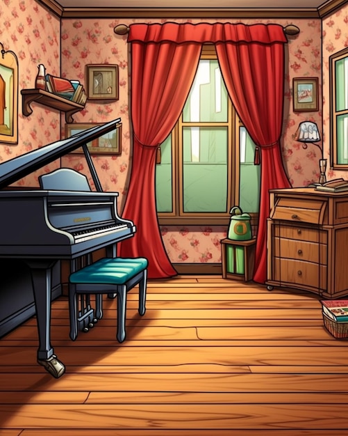 ilustración de dibujos animados de una sala de estar con un piano y una silla generativa ai