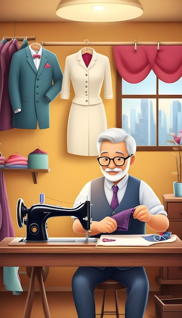 Ilustración de dibujos animados sastre anciano cosiendo ropa con una máquina de coser generativa ai