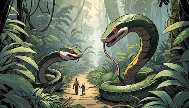 Foto una ilustración de dibujos animados de una serpiente y un hombre en una selva