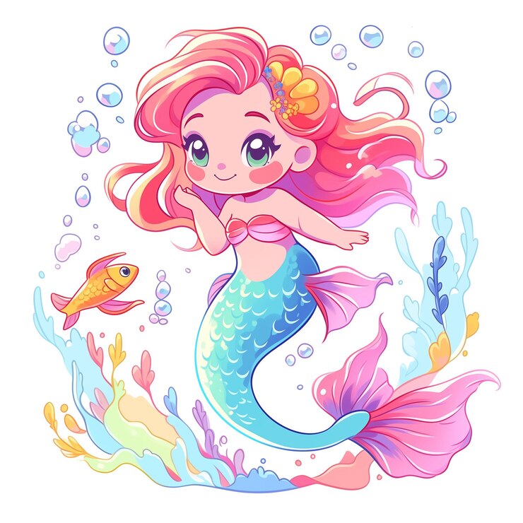 una ilustración de dibujos animados de una sirena con cabello rosa y un pez en el fondo