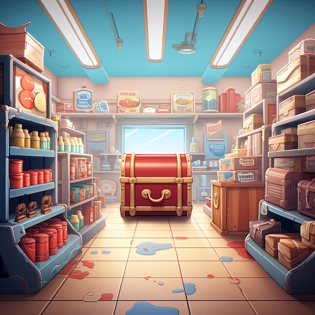 una ilustración de dibujos animados de una tienda con una pared azul y estantes con libros