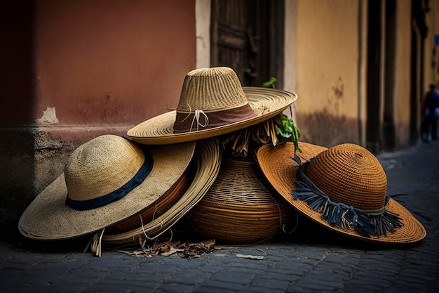 Foto ilustración de dibujos animados varios sombreros de mimbre esparcidos en las salidas laterales generativa ai