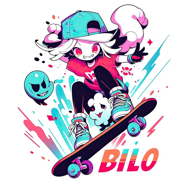 Ilustración de dibujos animados vector jugando personaje patineta enfoque fresco diseño camiseta diseño tee fondo blanco