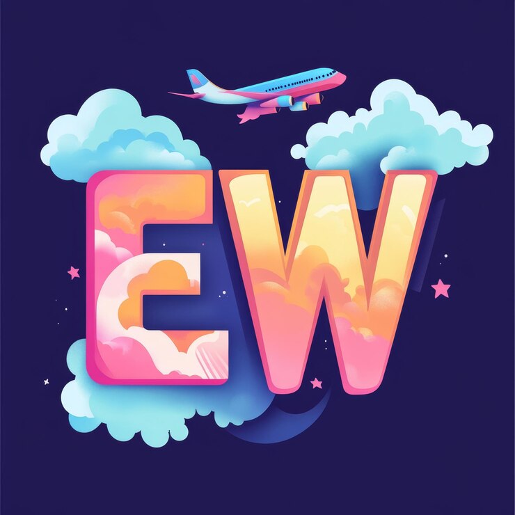 Foto ilustración de dibujos animados vectoriales de las letras ew con nubes y avión