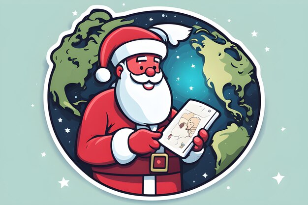 Foto ilustración de dibujos animados vectoriales de un lindo y sonriente papá noel de pie con una bolsa de regalos en las cajas de regalos traseras