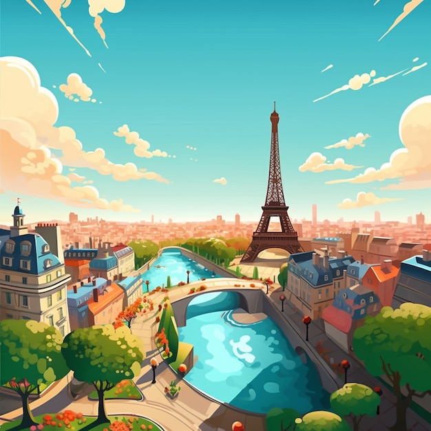 ilustración de dibujos animados de una vista de una ciudad con un río y un puente generativo ai