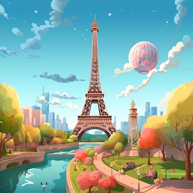 ilustración de dibujos animados de una vista de la torre eiffel en parís ai generativo