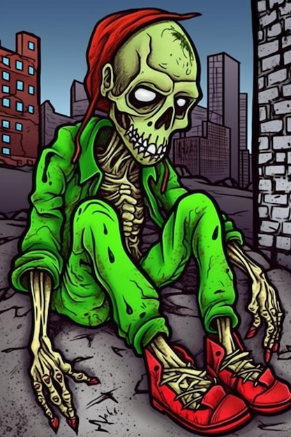 Ilustración de dibujos animados de un zombi sentado en el suelo con sus zapatos ai generativo