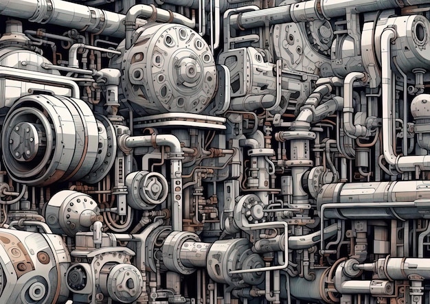 una ilustración con dibujos mecánicos al estilo de la textura industrial