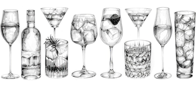 Ilustración de diferentes bebidas alcohólicas con hielo