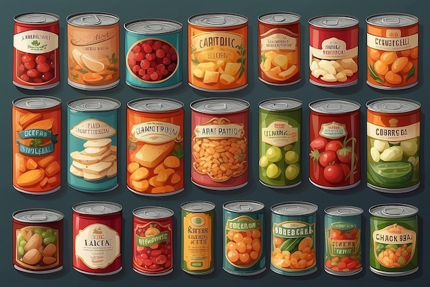 Ilustración de los diferentes tipos de alimentos enlatados