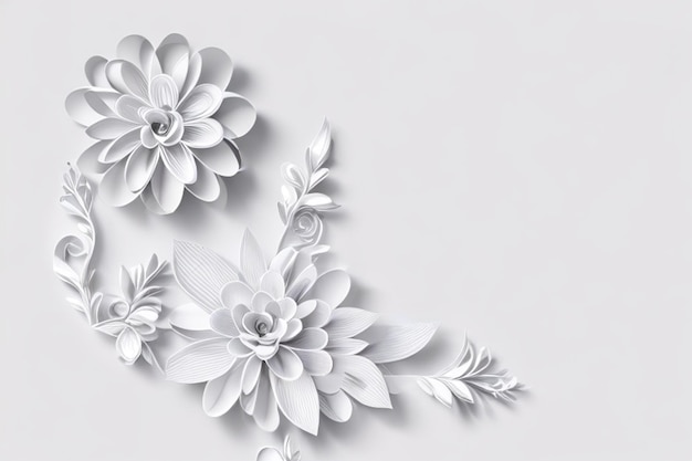 Foto ilustración digital 3d de papel blanco flores de fondo decoración de boda encaje de novia plantilla de tarjeta de felicitación decoración de pared floral en blanco