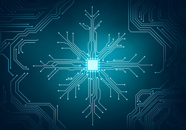 Ilustración digital abstracta de placa de microchip en forma de copo de nieve en la pared azul. Imagen del concepto de tecnología.