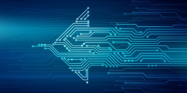 Foto ilustración digital abstracta de placa de microchip en forma de flecha moviéndose de derecha a izquierda en la pared azul. imagen del concepto de tecnología.