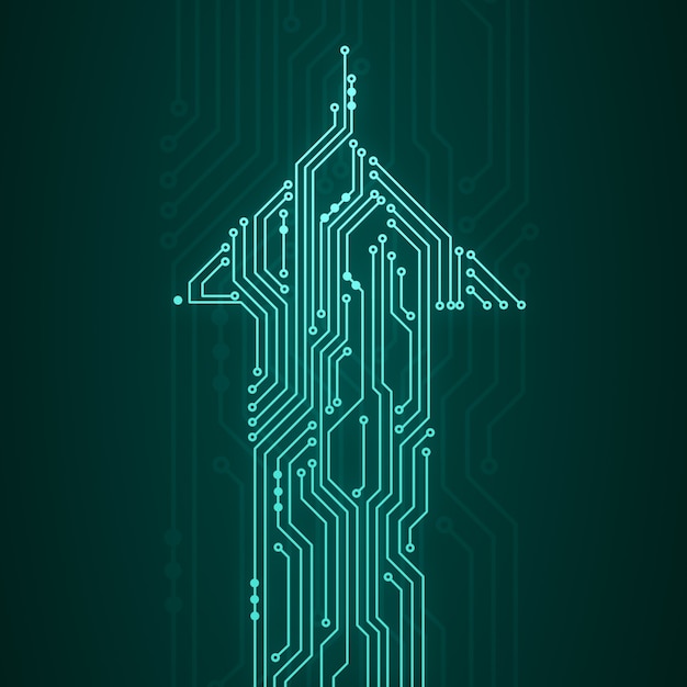 Ilustración digital abstracta de placa de microchip en forma de flecha subiendo en la pared verde oscuro. Imagen del concepto de tecnología.