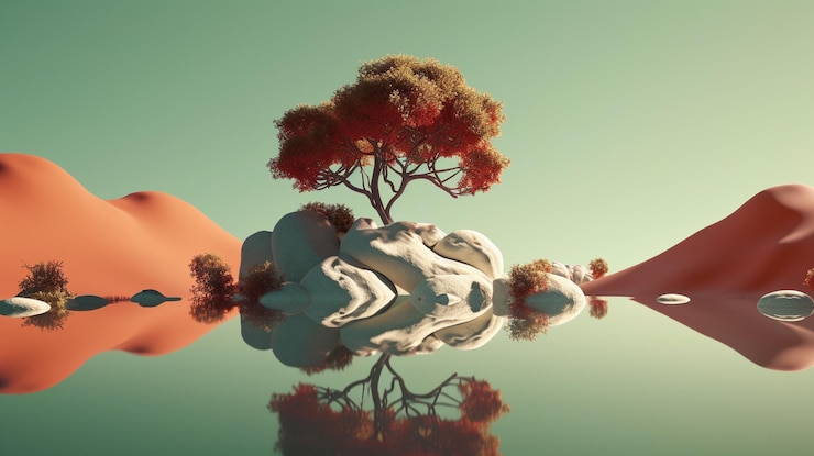Una ilustración digital de un árbol en una pequeña isla