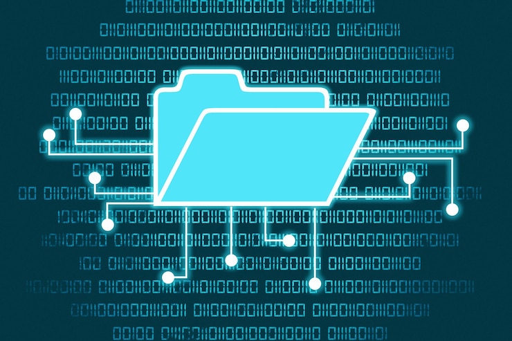 Foto ilustración digital de un archivo de datos con un fondo de código binario