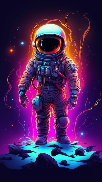 Una ilustración digital de un astronauta de pie en una roca con un fondo brillante