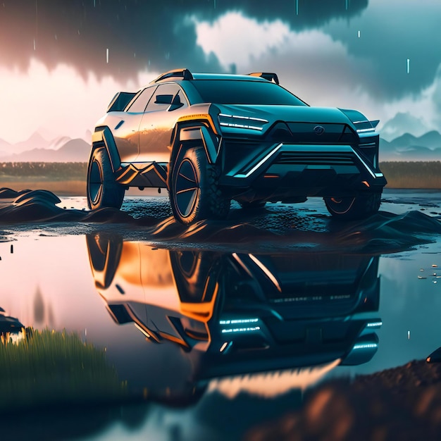 una ilustración digital de un automóvil con un fondo de montaña y un reflejo en el agua.