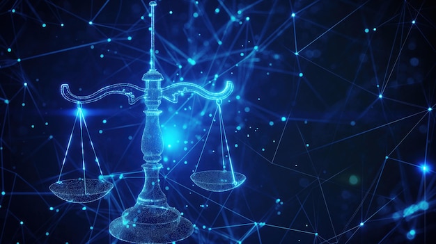 Ilustración digital de una balanza de justicia brillante con un fondo de red de luces interconectadas que simboliza la tecnología y la ley