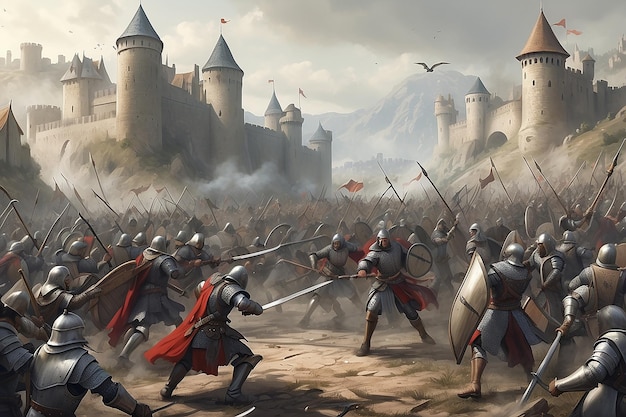 Ilustración digital de la batalla medieval de fantasía