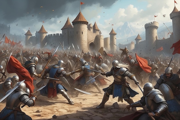 Ilustración digital de la batalla medieval de fantasía