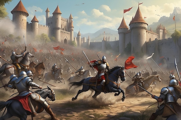 Ilustración digital de la batalla medieval de fantasía