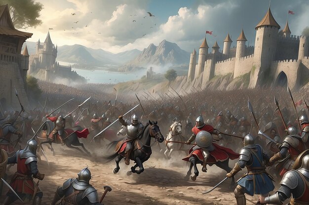 Ilustración digital de la batalla medieval de fantasía