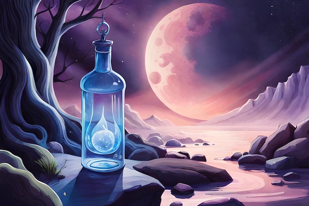 Ilustración digital de una botella de poción mágica en un oscuro bosque de fantasía.