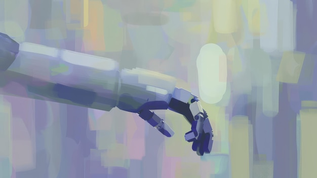 Una ilustración digital de un brazo robótico que se extiende contra un fondo abstracto colorido que simboliza la tecnología y la innovación