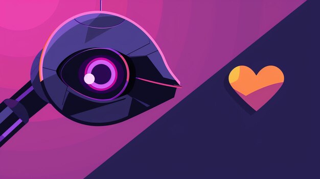 Foto una ilustración digital de una cabeza de robot en perfil con un ojo brillante mirando un icono en forma de corazón brillante