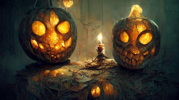 Ilustración digital de una calabaza infernal en un paisaje de fantasía. Mundo irreal. Jack-o'-lantern.