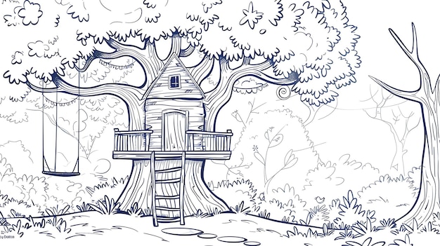 Una ilustración digital de una casa en un árbol en un bosque exuberante La casa en el árbol está hecha de madera y tiene una escalera que conduce a ella