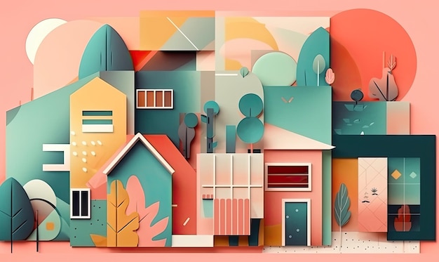 Una ilustración digital de una casa con fondo azul y una casa con techo rojo casa abstracta diseño de collage de papel de moda IA generativa