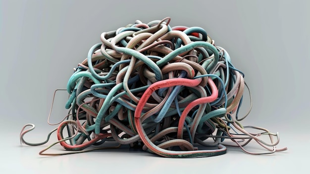 Foto ilustración digital de un cerebro hecho de cables enredados concepto de sobrecarga mental