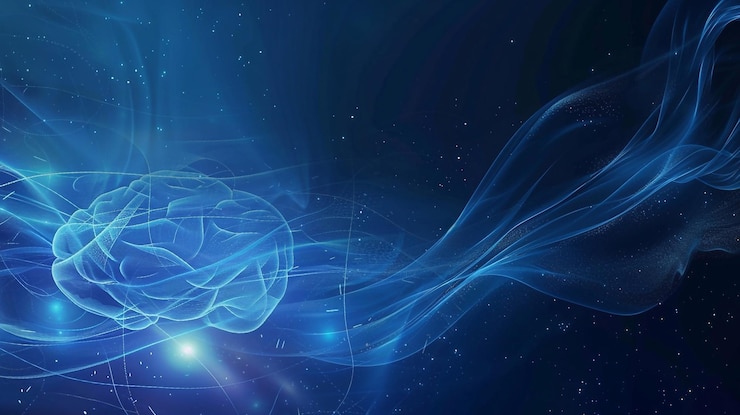 Ilustración digital del cerebro humano parpadea y relámpago en un fondo azul