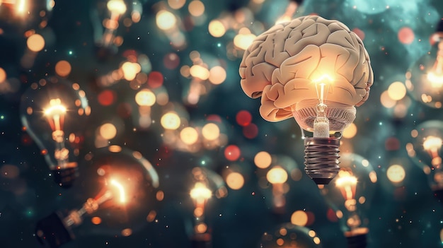 Una ilustración digital de un cerebro que emite bombillas que representan