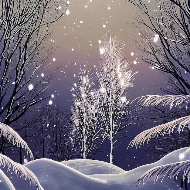 Ilustración digital del cielo azul en los árboles altos del bosque oscuro nevado