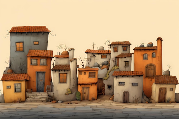 una ilustración digital de una ciudad con una casa y una casa pequeña.
