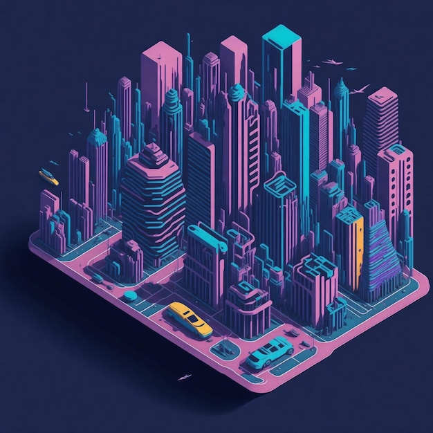 Una ilustración digital de una ciudad con un edificio azul y rosa en el centro.