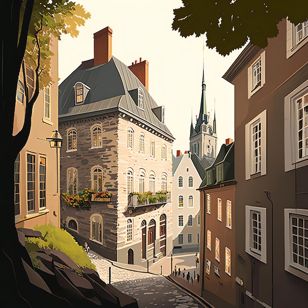 Una ilustración digital de la ciudad de Quebec, Canadá, con calles adoquinadas y arquitectura histórica