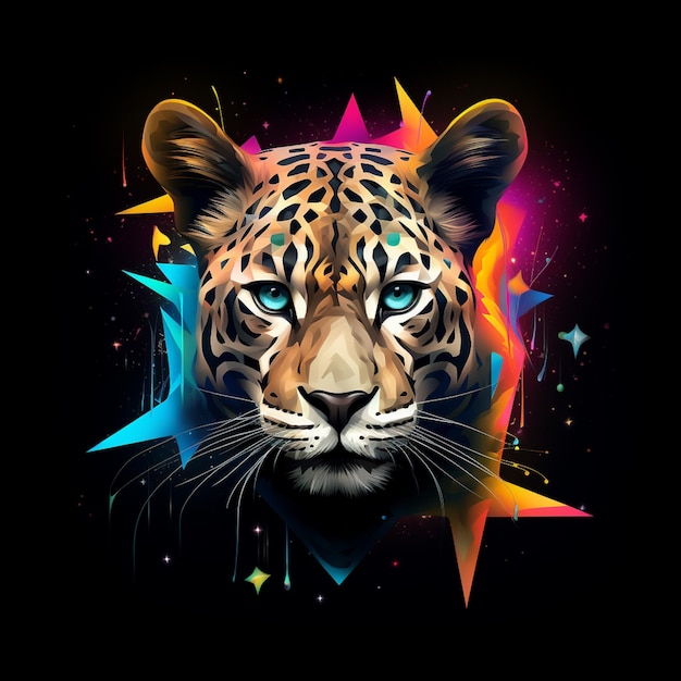 Ilustración digital de colores brillantes de una cara de leopardo con estrellas y una ai generativa starburst