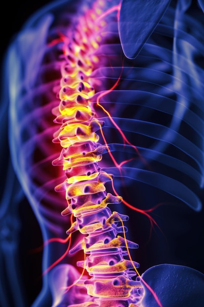 Foto ilustración digital de una columna vertebral humana con nervios resaltados que irradian dolor