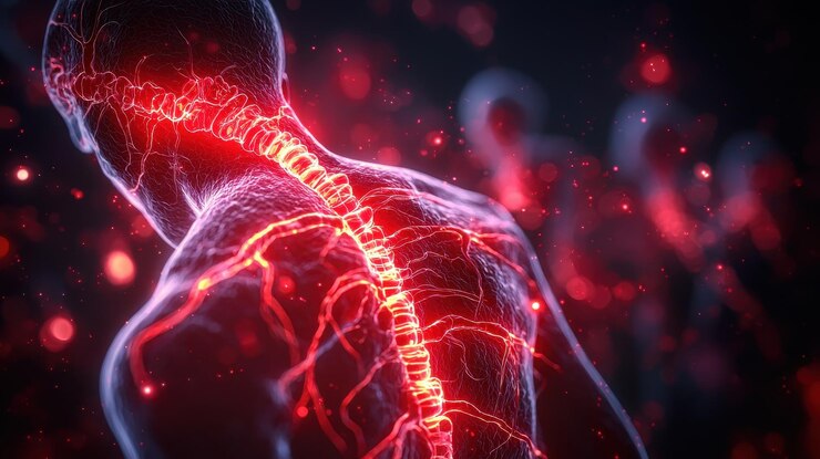 Una ilustración digital de la columna vertebral humana con venas rojas brillantes que transmiten una sensación de vitalidad y energía. El fondo presenta figuras borrosas que mejoran el enfoque en la columna.