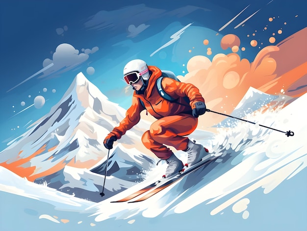 Ilustración digital dibujada a mano de esquiadores esquiando en deportes de nieve de la temporada de invierno