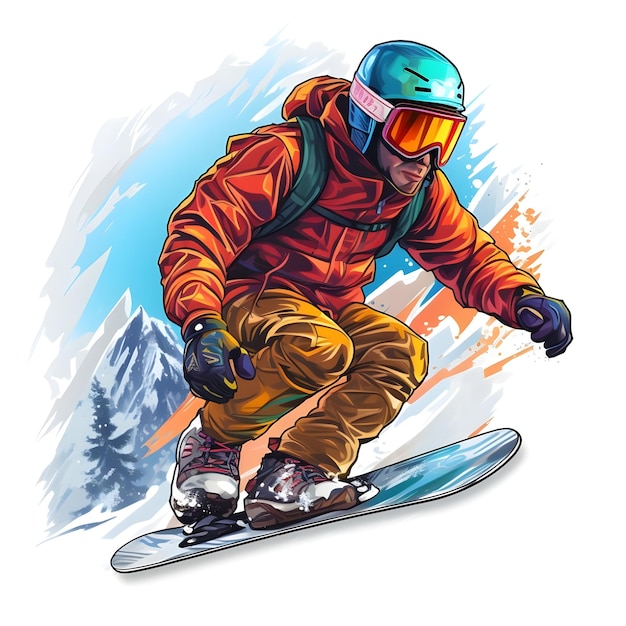 Ilustración digital dibujada a mano de un snowboarder haciendo snowboard en la temporada de invierno.