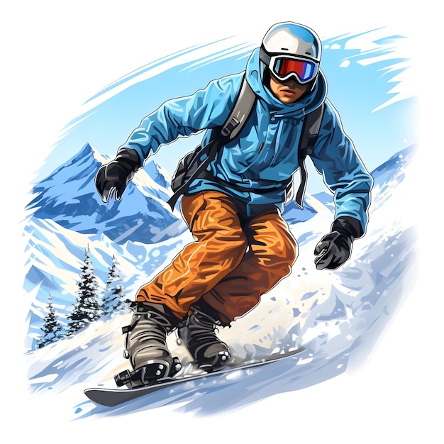 Ilustración digital dibujada a mano de un snowboarder haciendo snowboard en la temporada de invierno.